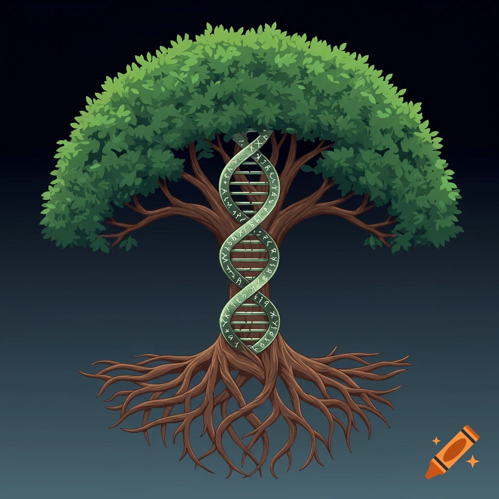 Illustration of a tree with roots, green leaves, and a trunk made of a DNA strand inscribed with symbols.