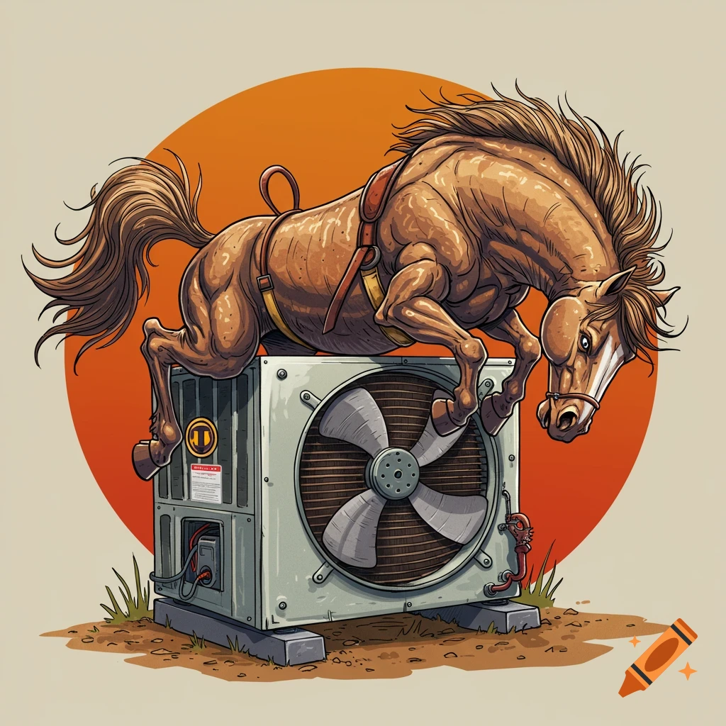 A brown horse bucks over an AC condenser unit.