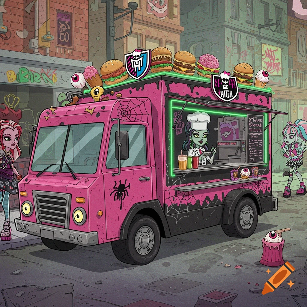 Illustration of Monster High characters with a pink food truck decorated with spiderwebs and monster-themed snacks.