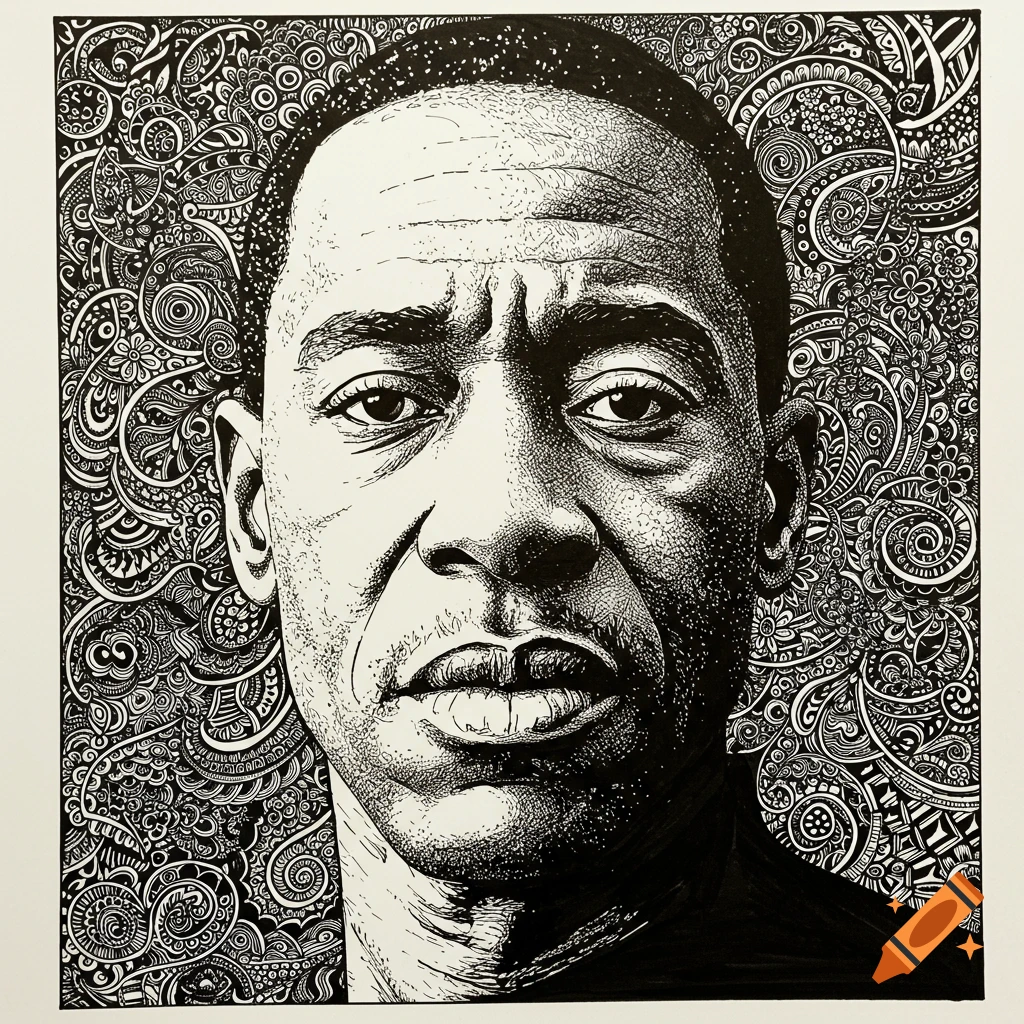 Detailed ink drawing of a man's face with a patterned background