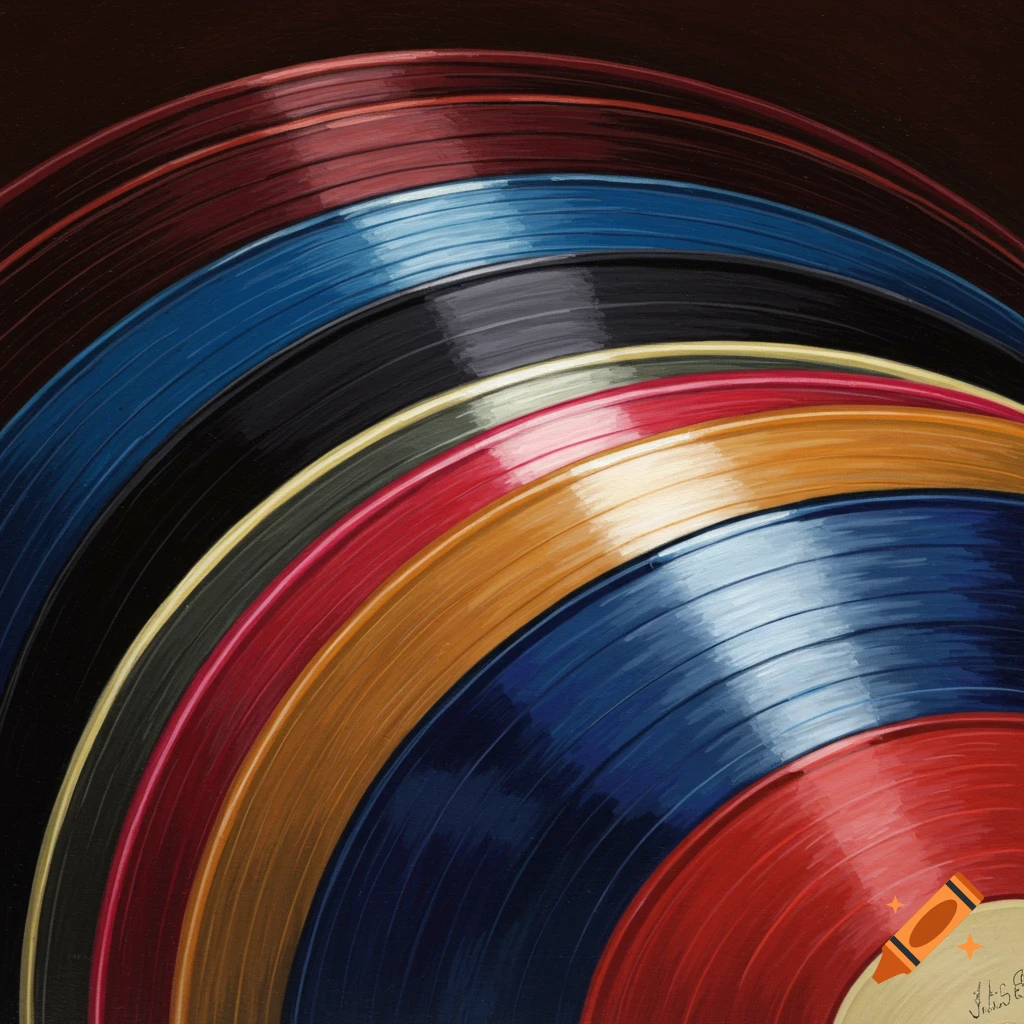 Several colorful vinyl records stacked in a curve.