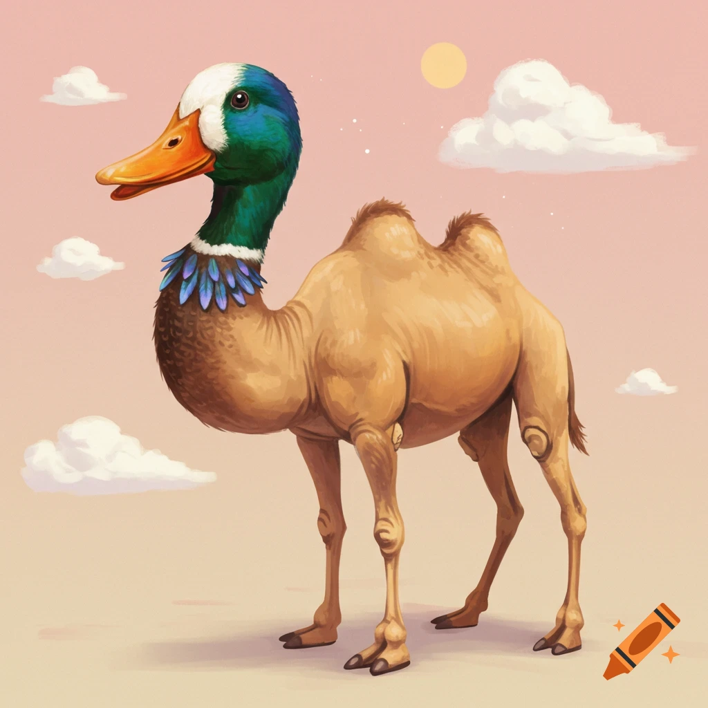 A creature that is part duck and part camel standing under a sunny sky.
