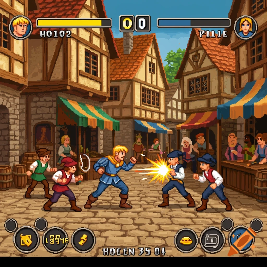 Pixel art medieval beat 'em up arcade game screenshot with characters fighting in a town square.