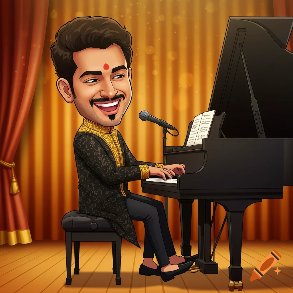 Cartoon man with bindi playing a piano on a stage.