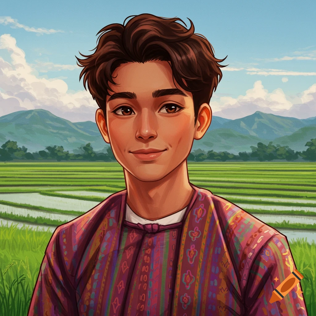 A young man in traditional clothing standing in front of rice fields and mountains.