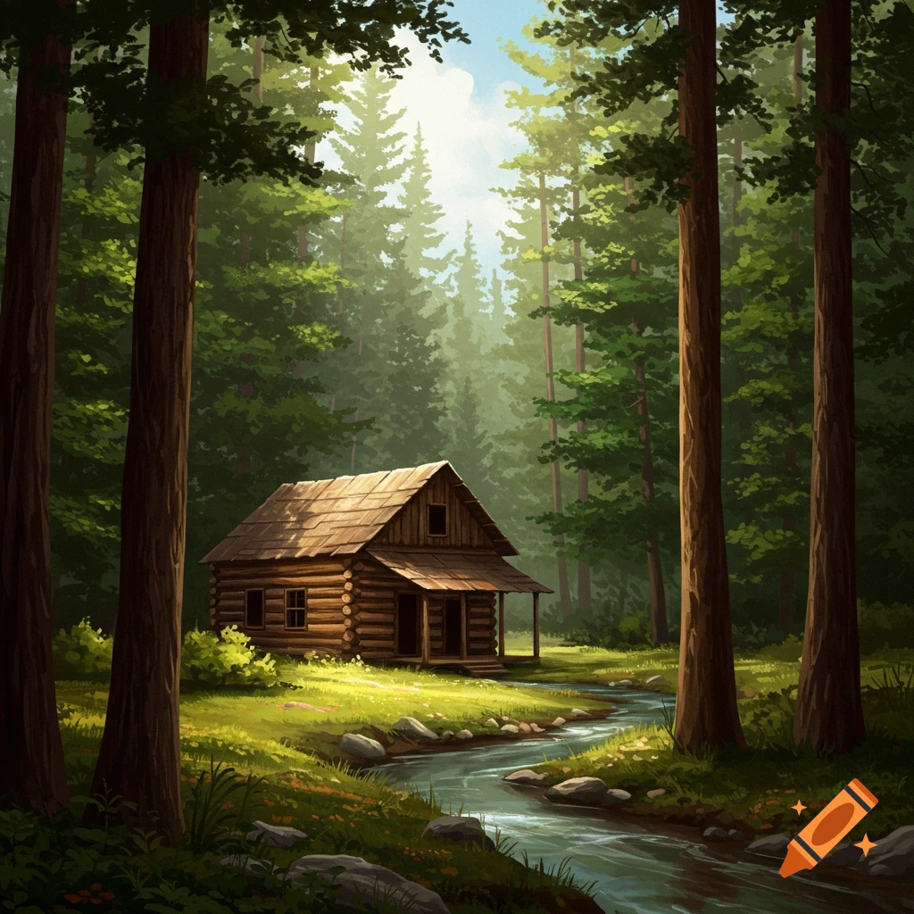 A log cabin beside a stream in a sunny forest.