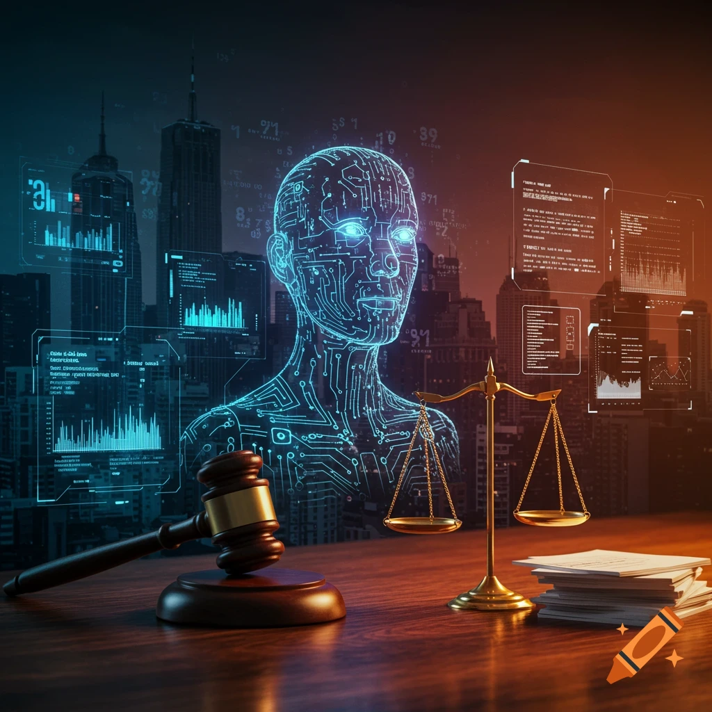 AI circuit head, scales of justice, and gavel in a futuristic cityscape with data interfaces.