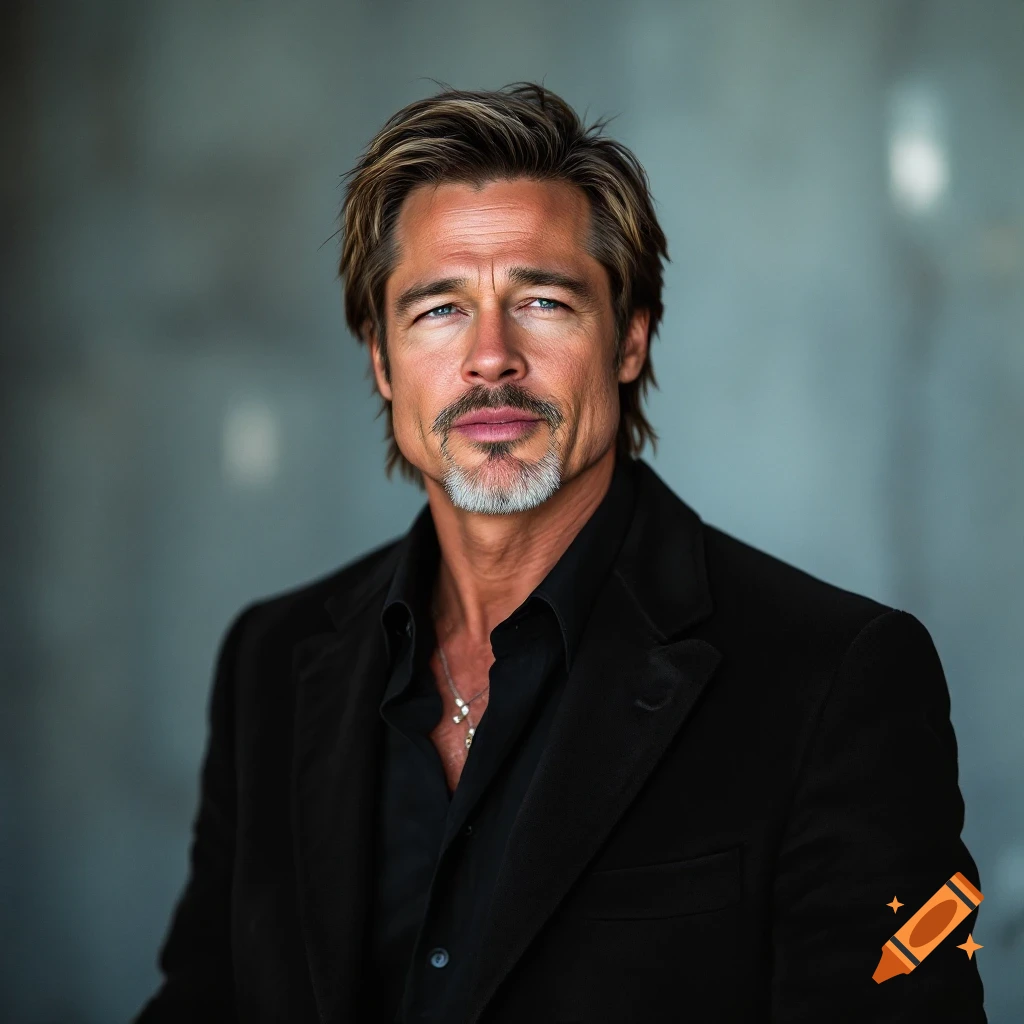 Portrait of Brad Pitt in a black suit jacket against a grey background.