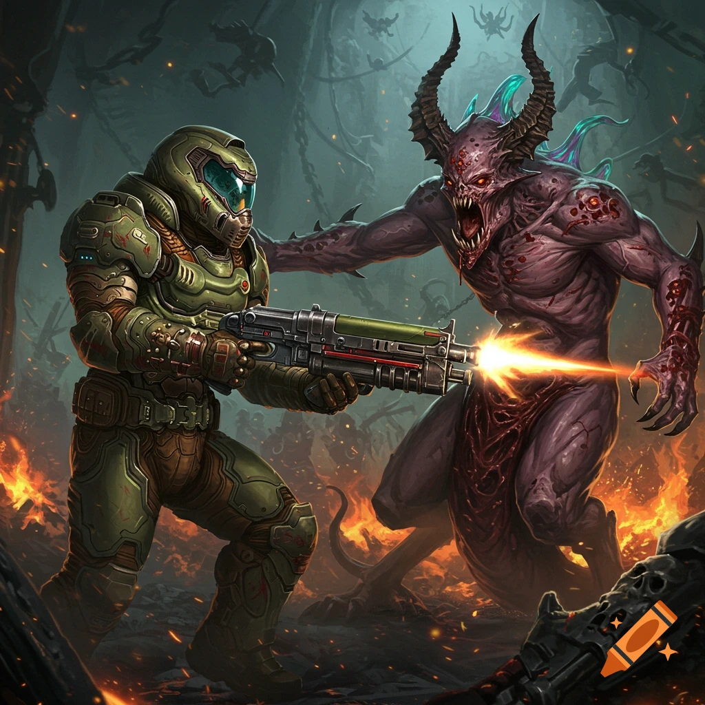 The Doom Slayer shooting a demon in a fiery battle scene.
