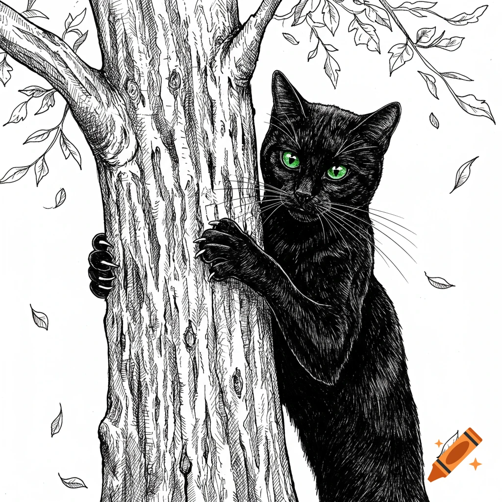 Pen and ink drawing of a black cat with green eyes clinging to a tree with claws extended, with falling leaves.
