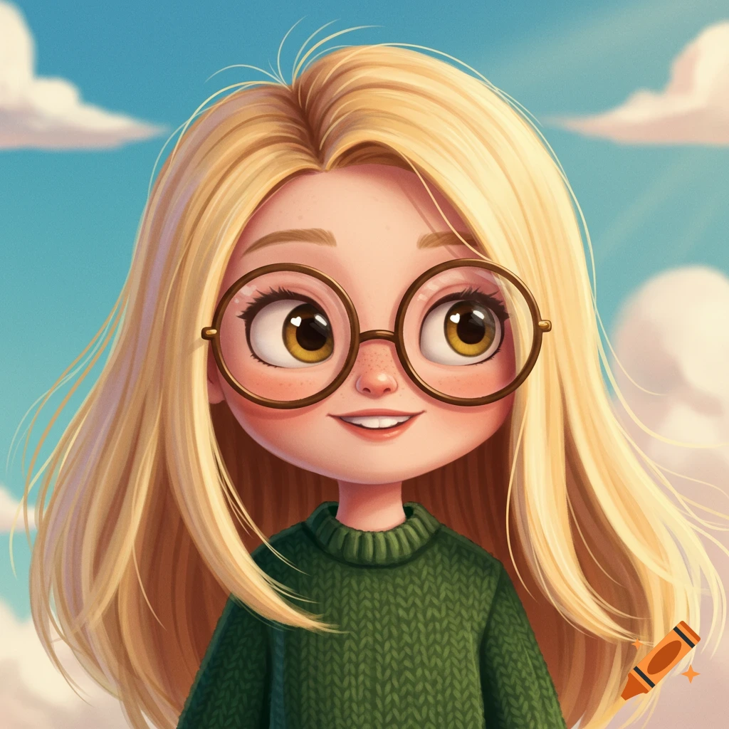 Pixar style portrait of a blonde girl with glasses and a green sweater against a cloudy sky