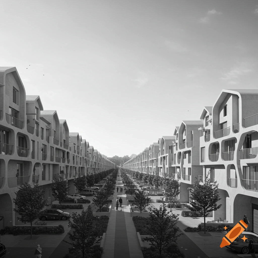 Black and white photorealistic architectural rendering of a long street lined with modern townhouses.