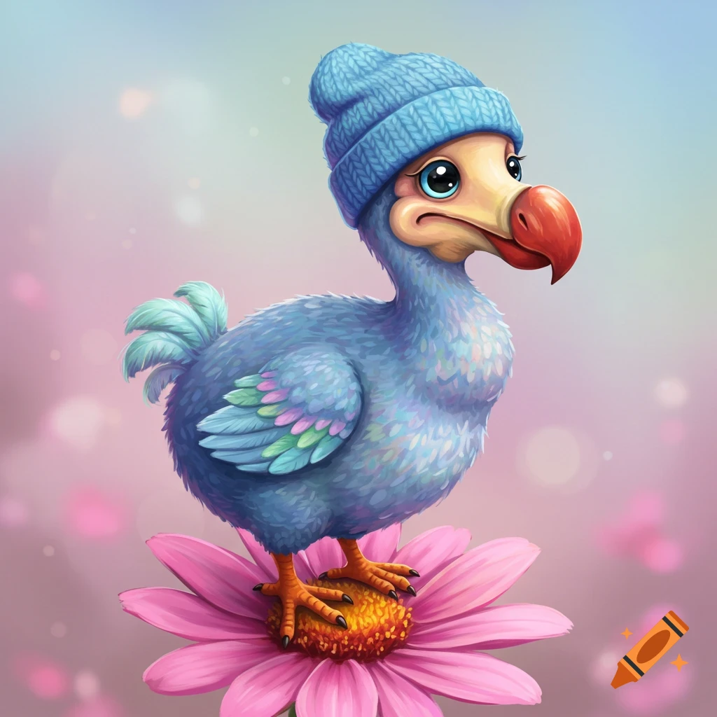 A cute blue dodo bird wearing a blue beanie sits on a pink flower.