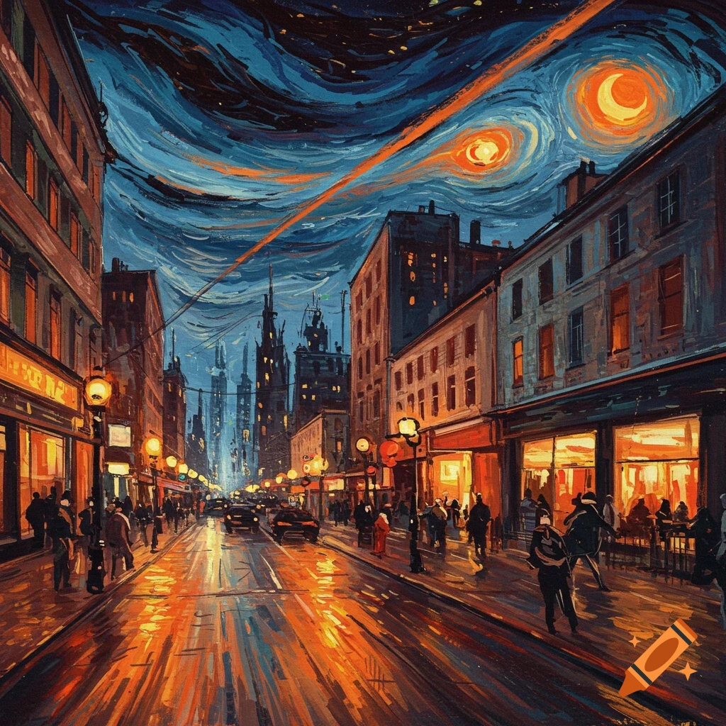 Expressionistic painting of a city street at night under a swirling, starry sky.