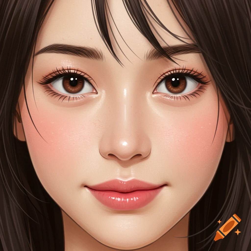 Close-up illustrated portrait of a young woman's face