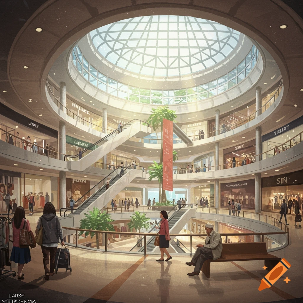 A multi-level shopping mall interior with escalators, stores, and people.