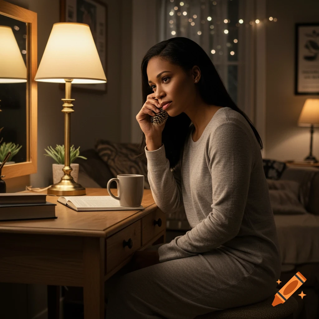 Realistic portrait of a woman sitting at a desk indoors, holding a pinecone and looking reflective. Warm lighting.