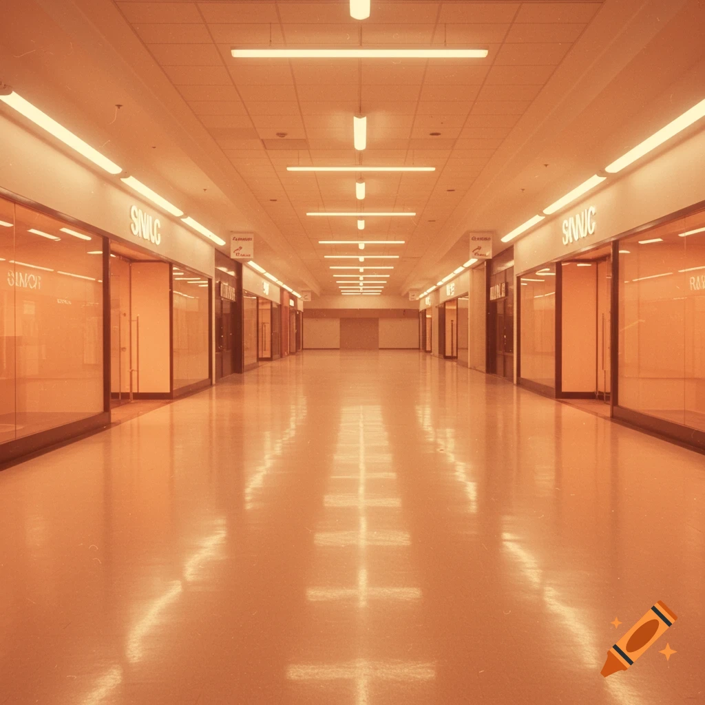 Empty hallway in a mall with storefronts, orange lighting, liminal space.