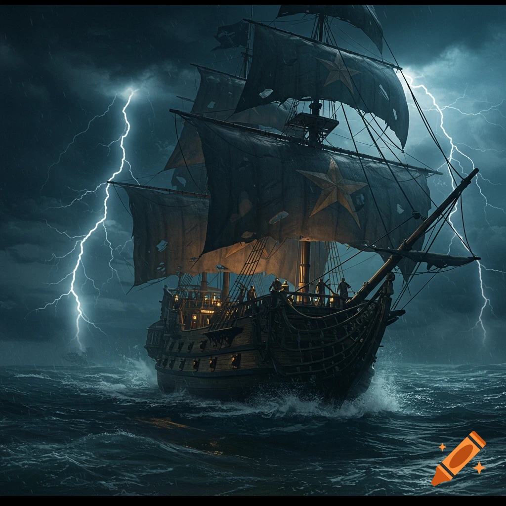 A pirate ship with star sails navigating a stormy sea with lightning.