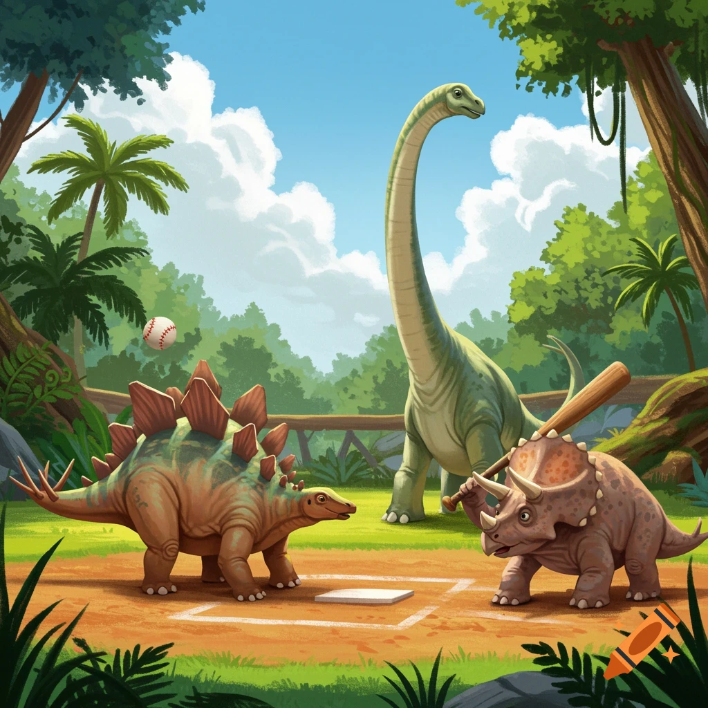 Cartoon dinosaurs playing baseball: Stegosaurus pitching, Brontosaurus batting, Triceratops on base in a prehistoric setting.