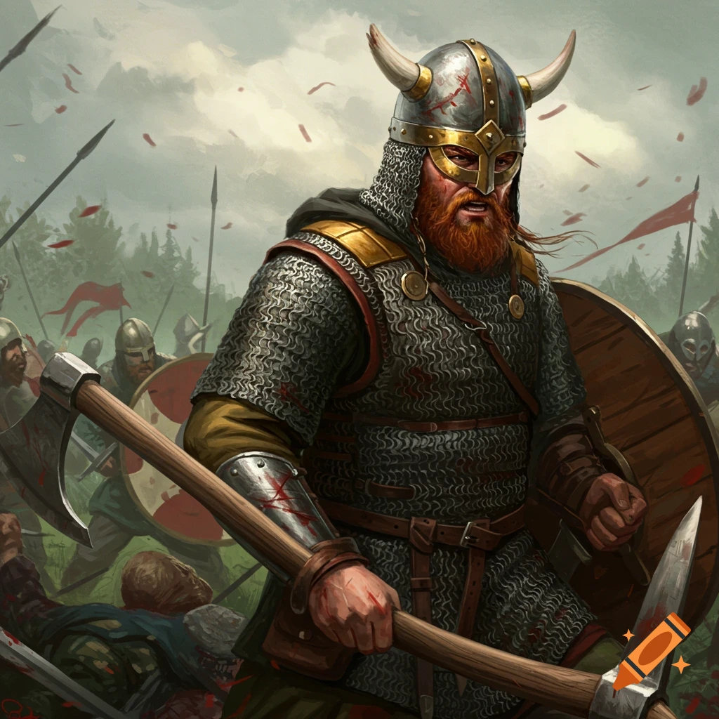 A Viking warrior with an axe stands on a battlefield.