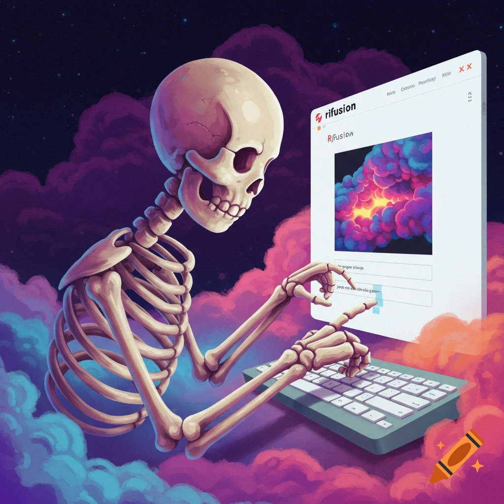 A skeleton is shown typing on a computer screen displaying abstract art, set against colorful clouds and a starry sky.