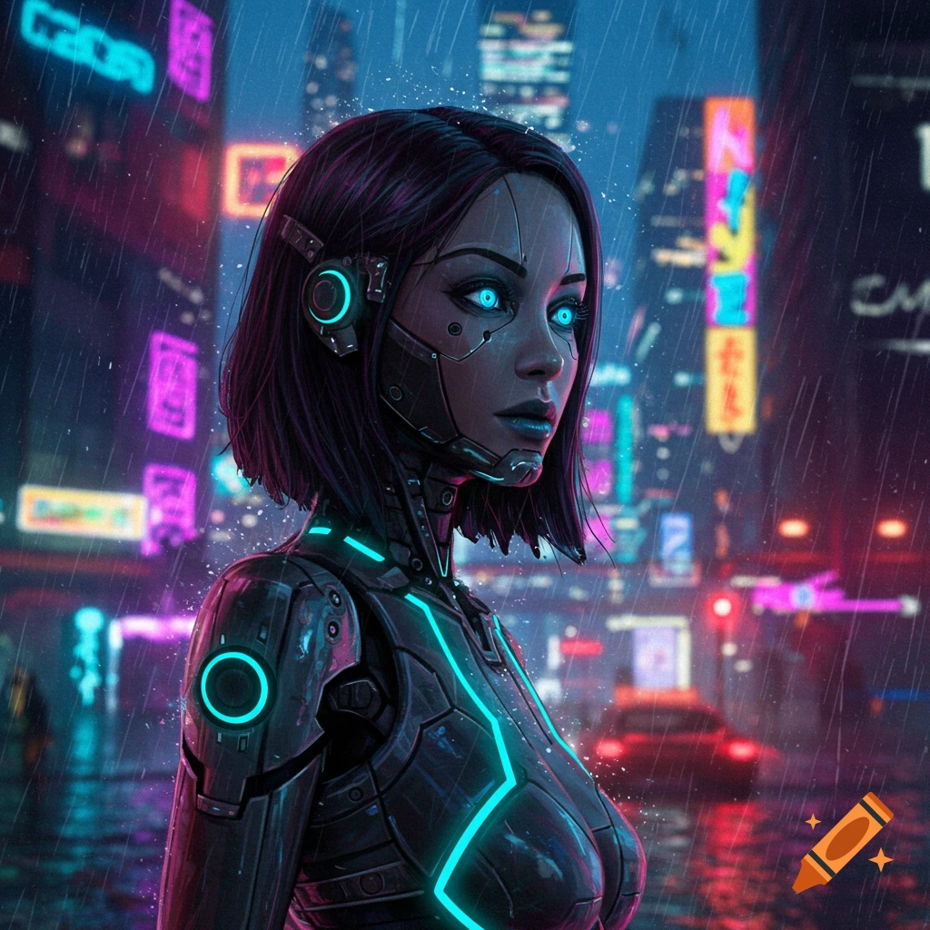 A female robot with glowing blue eyes stands in the rain in a futuristic cyberpunk city.