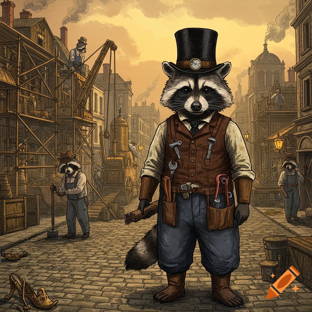 An anthropomorphic raccoon construction worker in a top hat stands in a Victorian street scene with other raccoon workers and scaffolding.