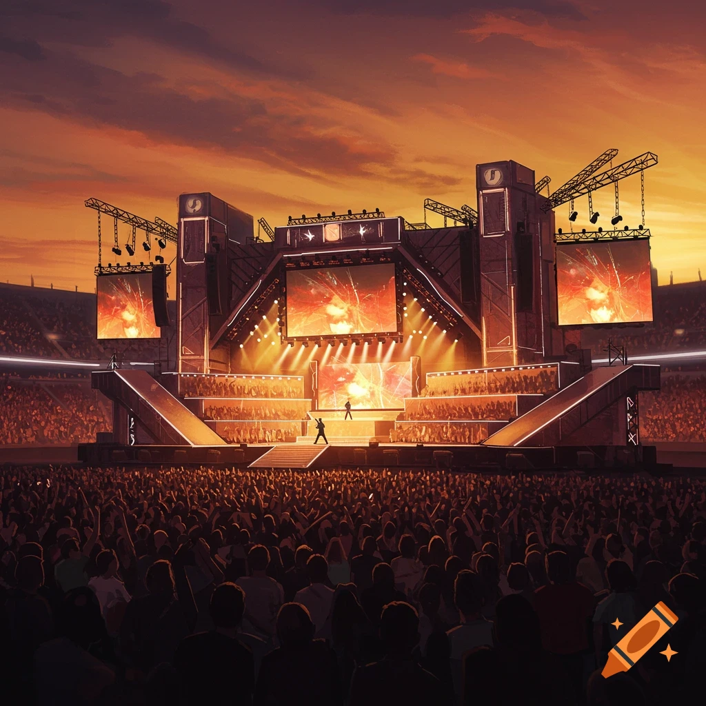 A large concert stage is set up in a stadium at sunset, with a crowd watching the performers.