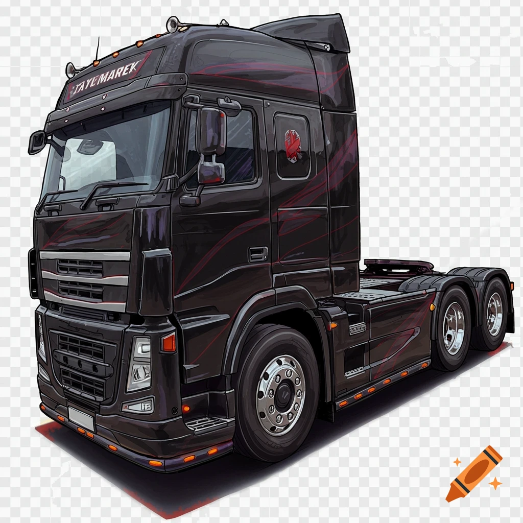 A black semi-truck with red accents on a transparent background.