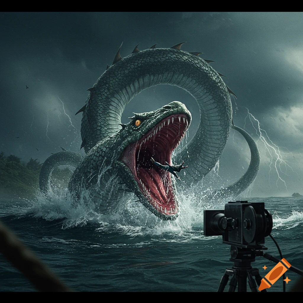 A giant sea serpent rises from a stormy sea as a person falls into its mouth, filmed by a vintage camera.