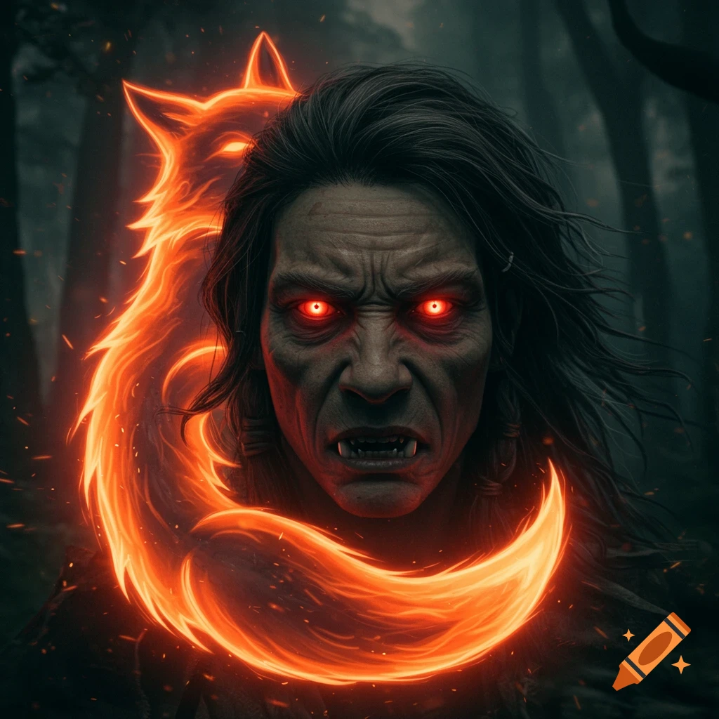 A dark fantasy image of a fierce person with glowing red eyes and fangs, surrounded by a fiery fox aura in a forest.