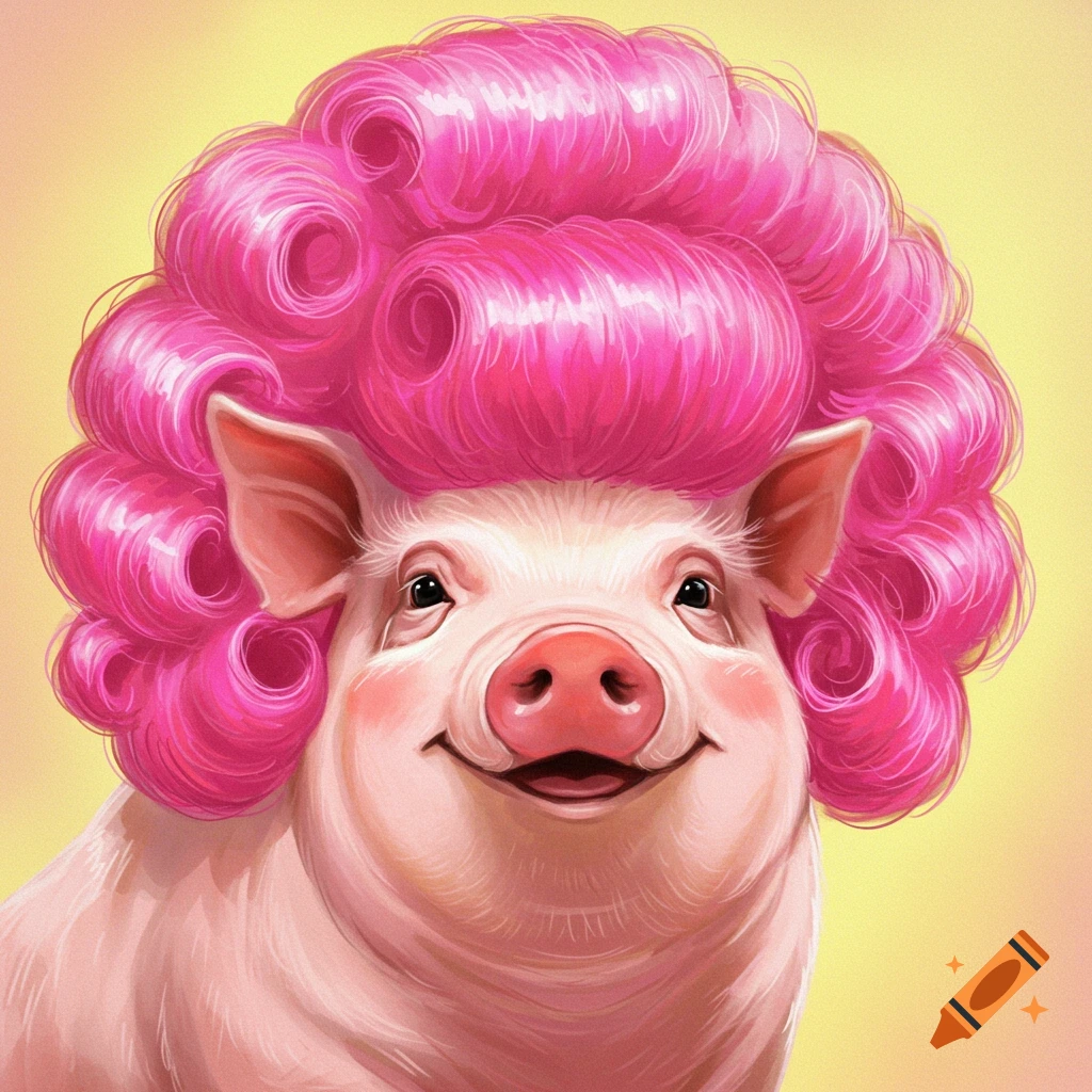 A smiling pig wearing a large pink curly wig.
