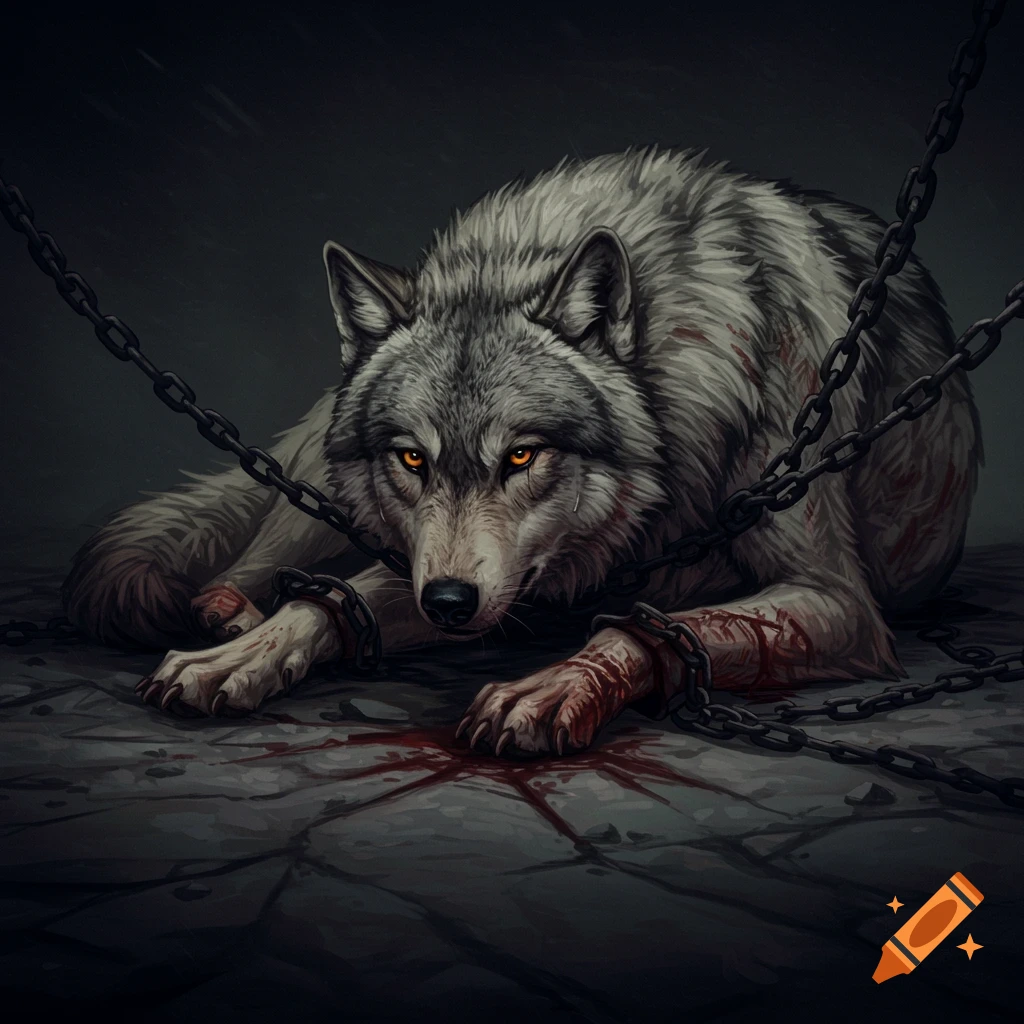 A chained and injured grey wolf with blood on its fur and paws in a dark setting.