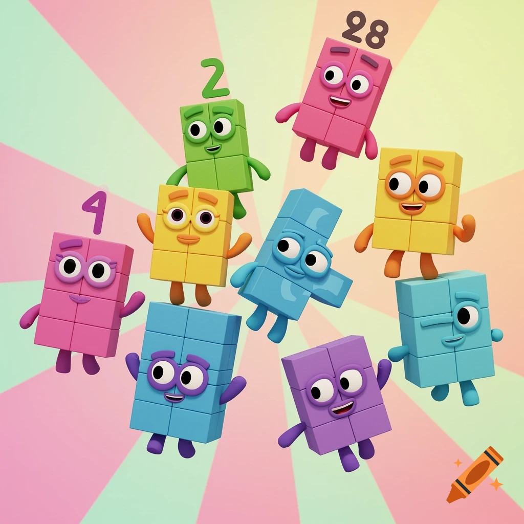 Colorful block characters with eyes, arms, and legs, some with numbers 2, 4, and 28, against a pastel background.
