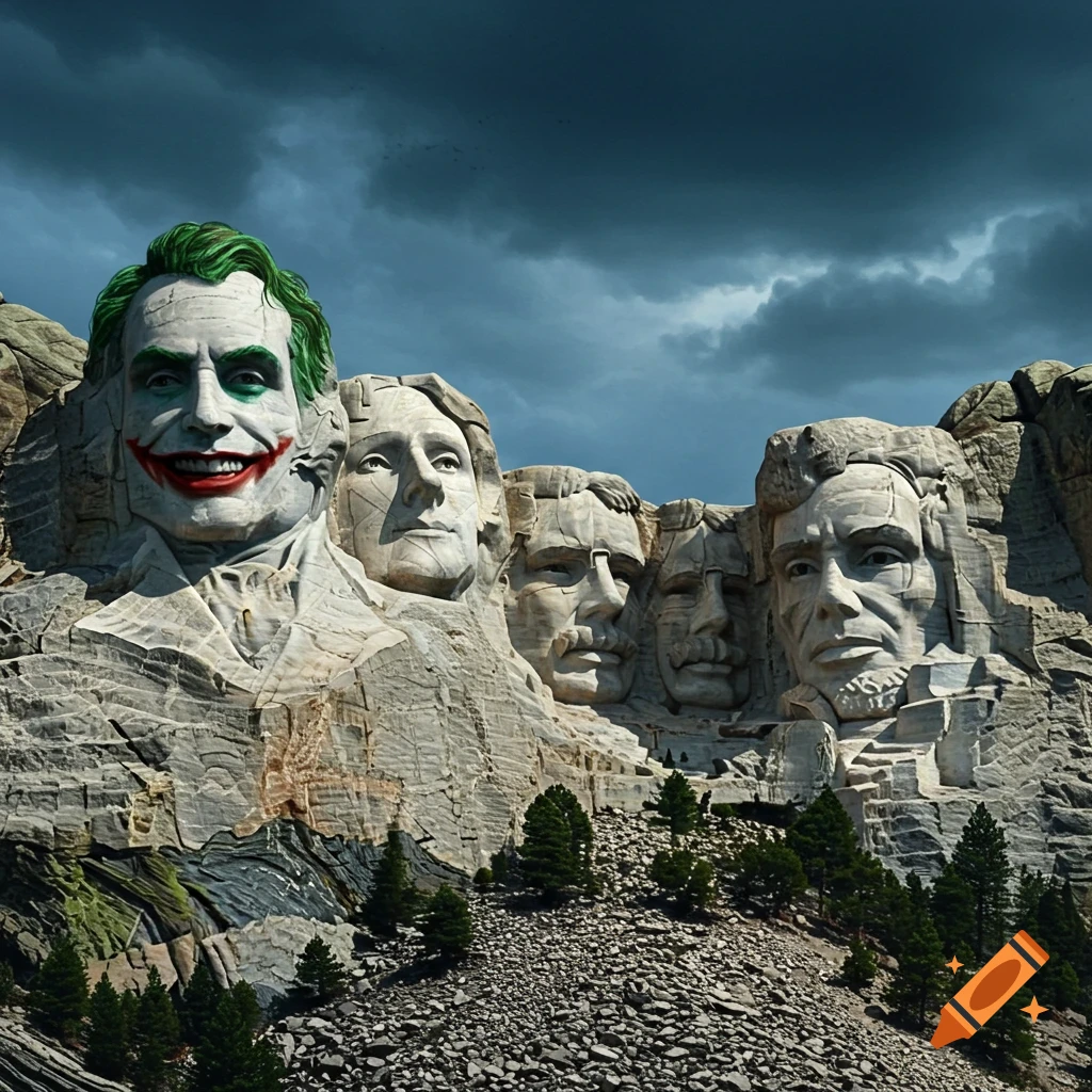 Mount Rushmore carved with faces of Joker, Sauron, Darth Vader, and Voldemort under a stormy sky.