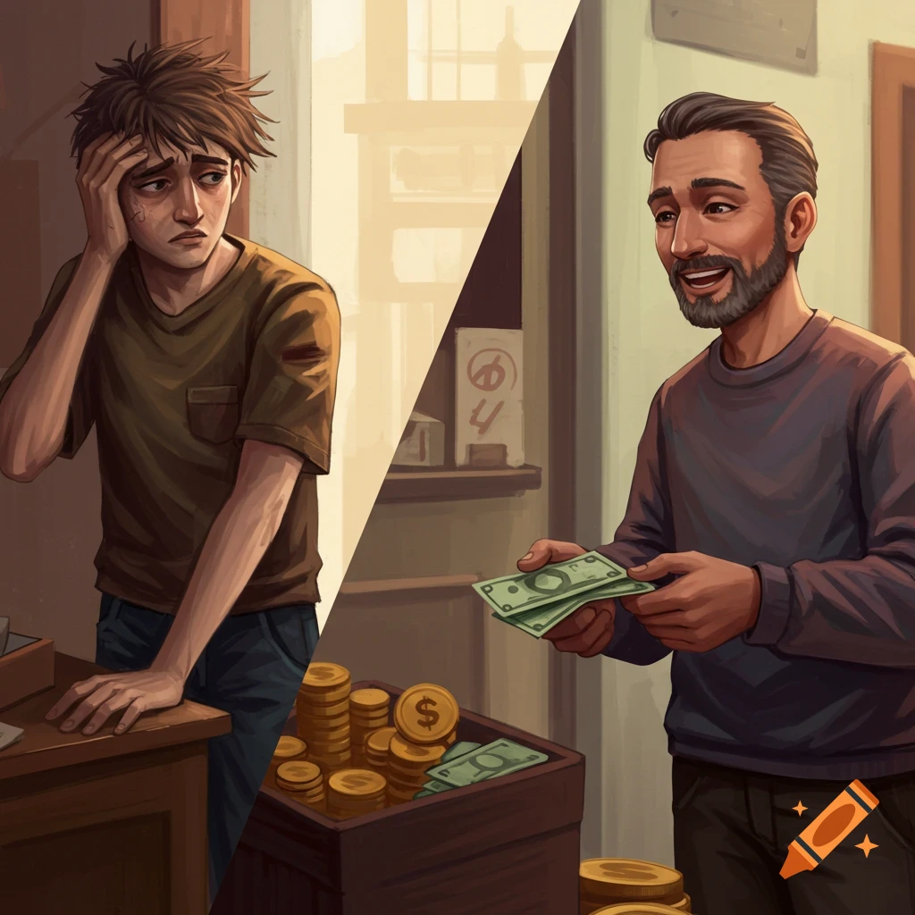 A sad man stands near stacks of coins while a smiling man gives money.