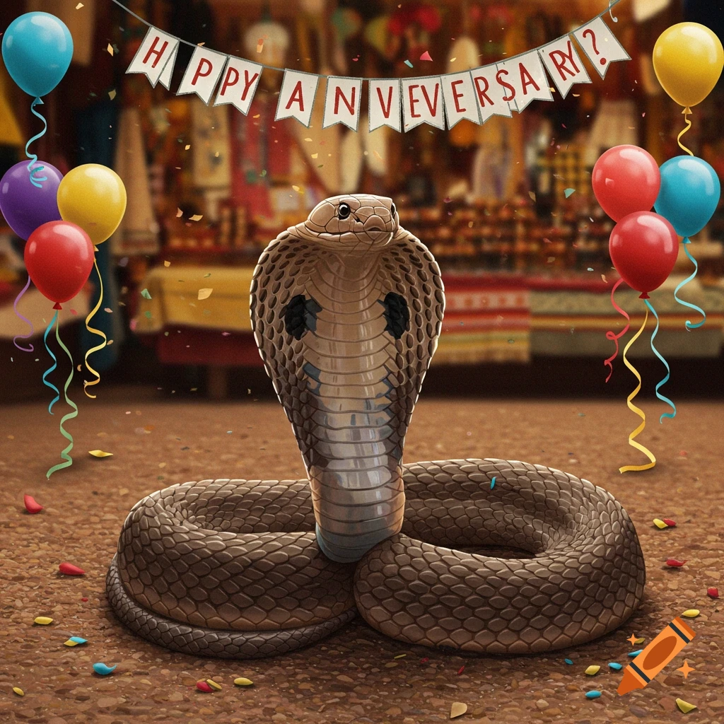 A cobra is surrounded by balloons and confetti.  A banner is behind it in a market setting.
