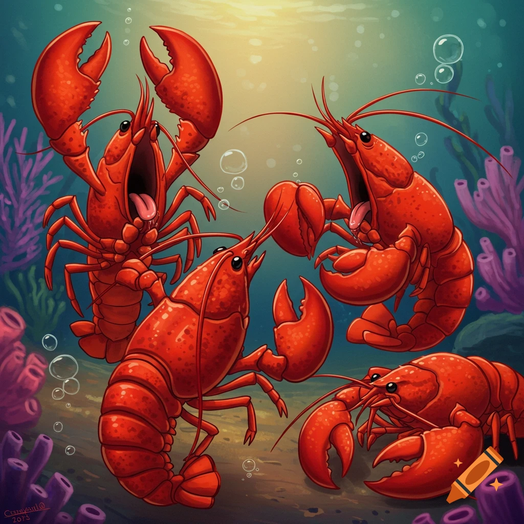 Cartoon red lobsters underwater among coral and bubbles