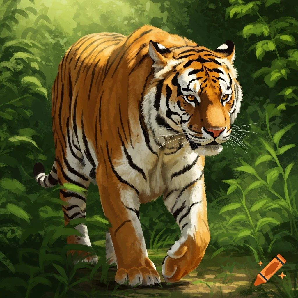 A tiger walking through a lush green jungle.