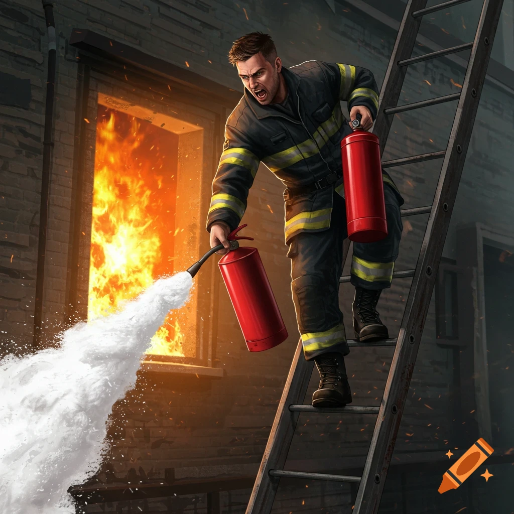 A firefighter sprays a fire extinguisher into a burning window while on a ladder.