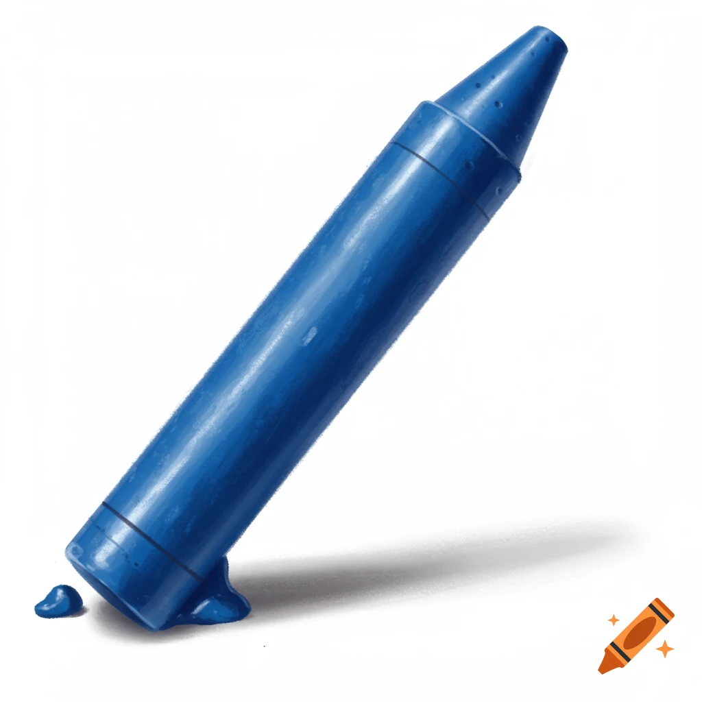 A blue crayon, tilted and melting slightly at the base, on a white background.
