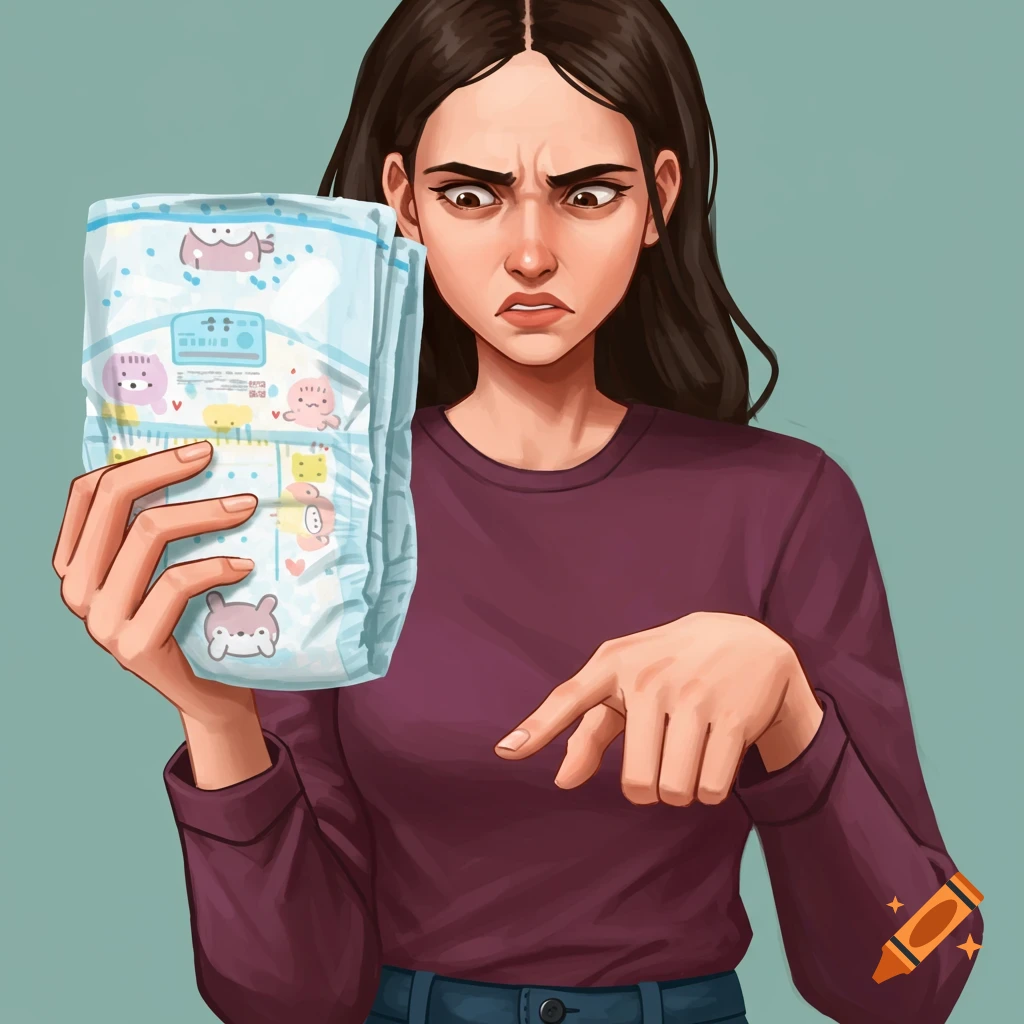 A frustrated woman is holding a diaper and pointing.