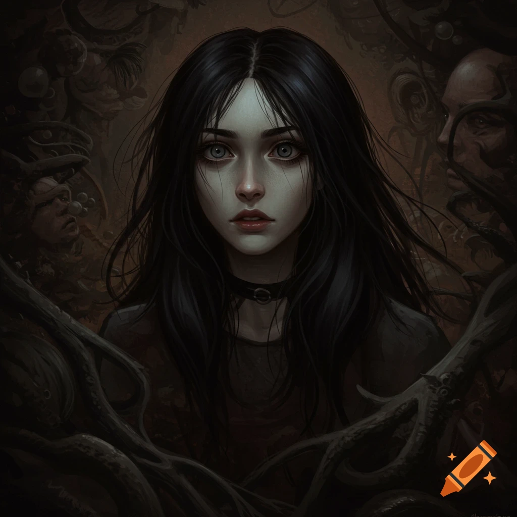 A pale woman with dark hair and large eyes is surrounded by swirling dark shapes and faces.