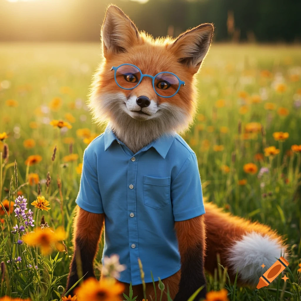 An anthropomorphic fox in a blue shirt and glasses stands in a sunlit field.