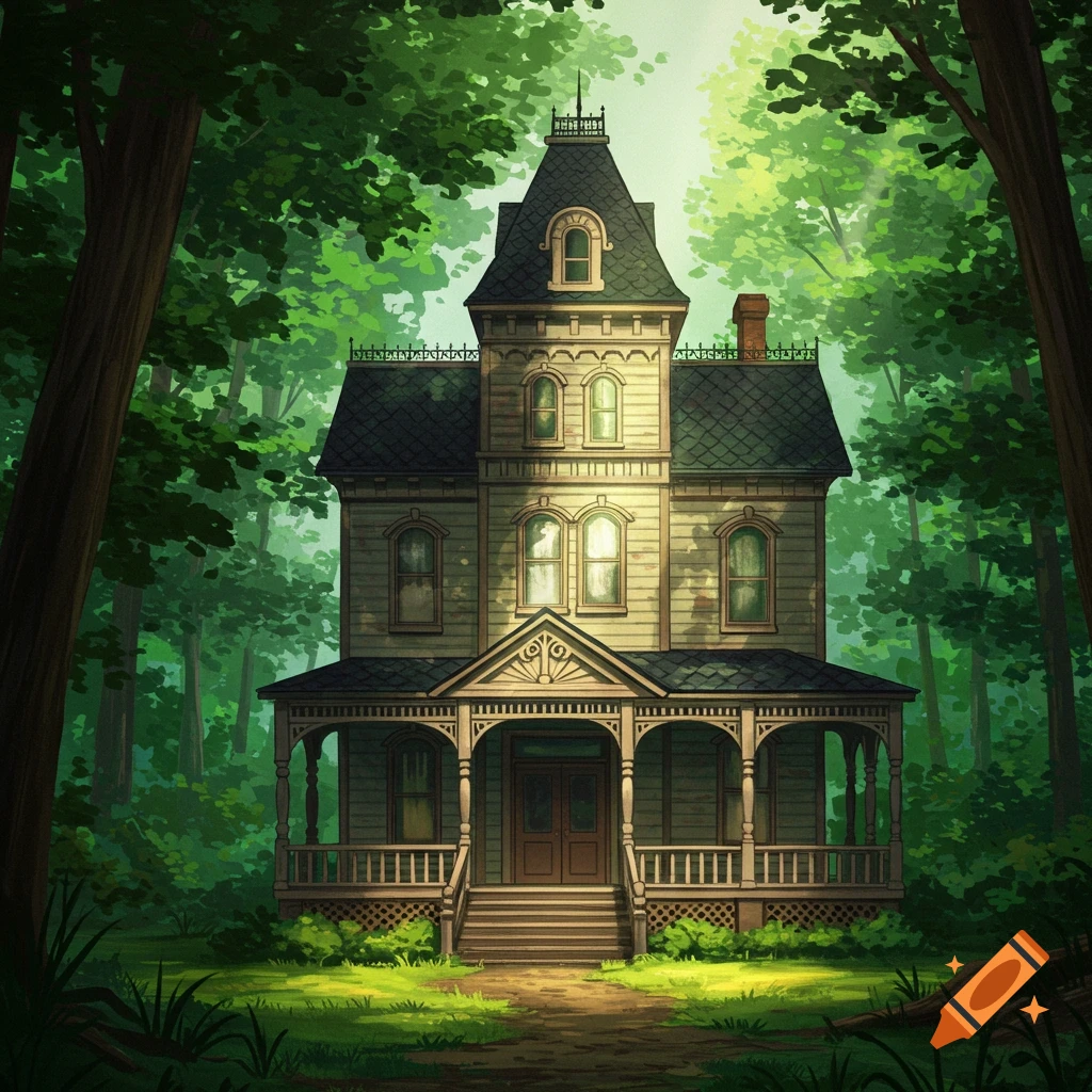Victorian-style house with a large porch, surrounded by lush green forest with light filtering through trees.