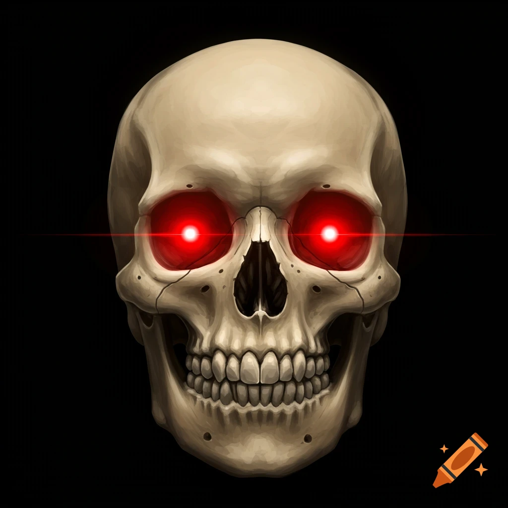 A skull with glowing red eyes on a black background.