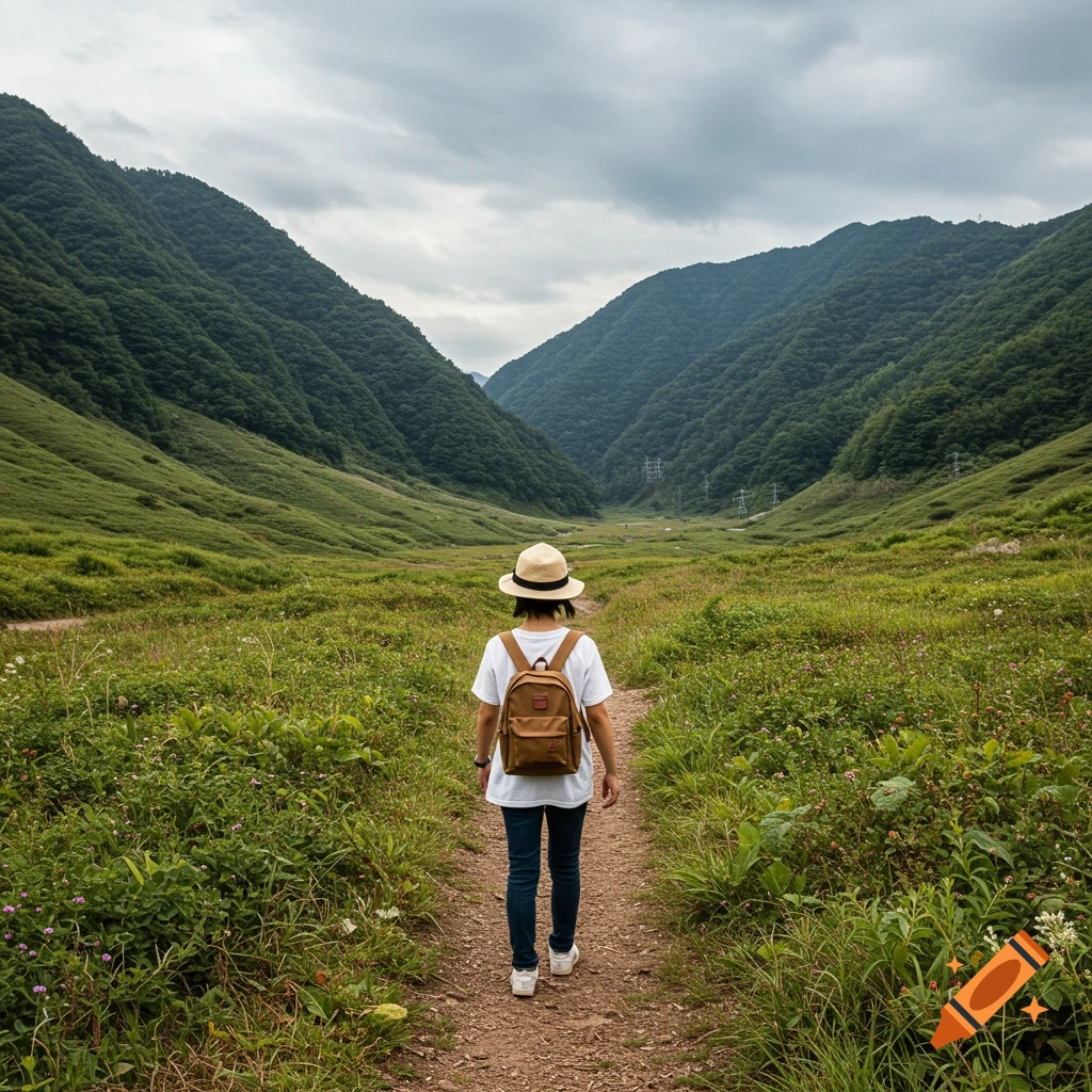 A person walks away on a dirt path through a green valley towards mountains under a cloudy sky.