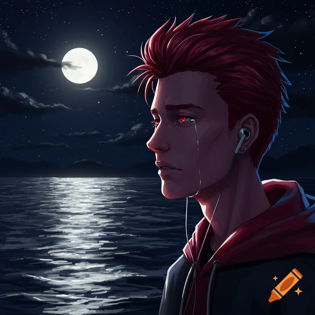 Anime illustration of a red-haired person crying while looking at moonlit water at night.