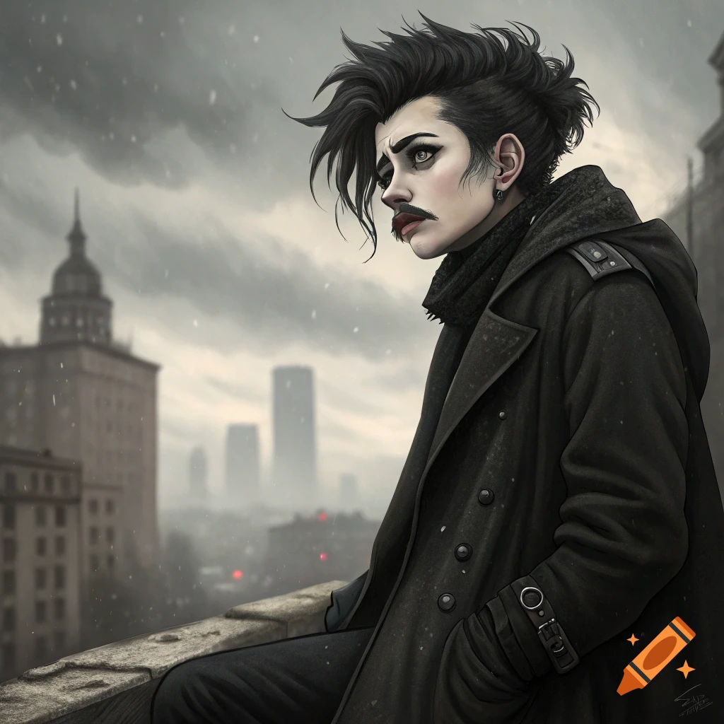 Illustration of a person with dark hair and mustache in a black coat, looking over a snowy urban cityscape from a balcony.